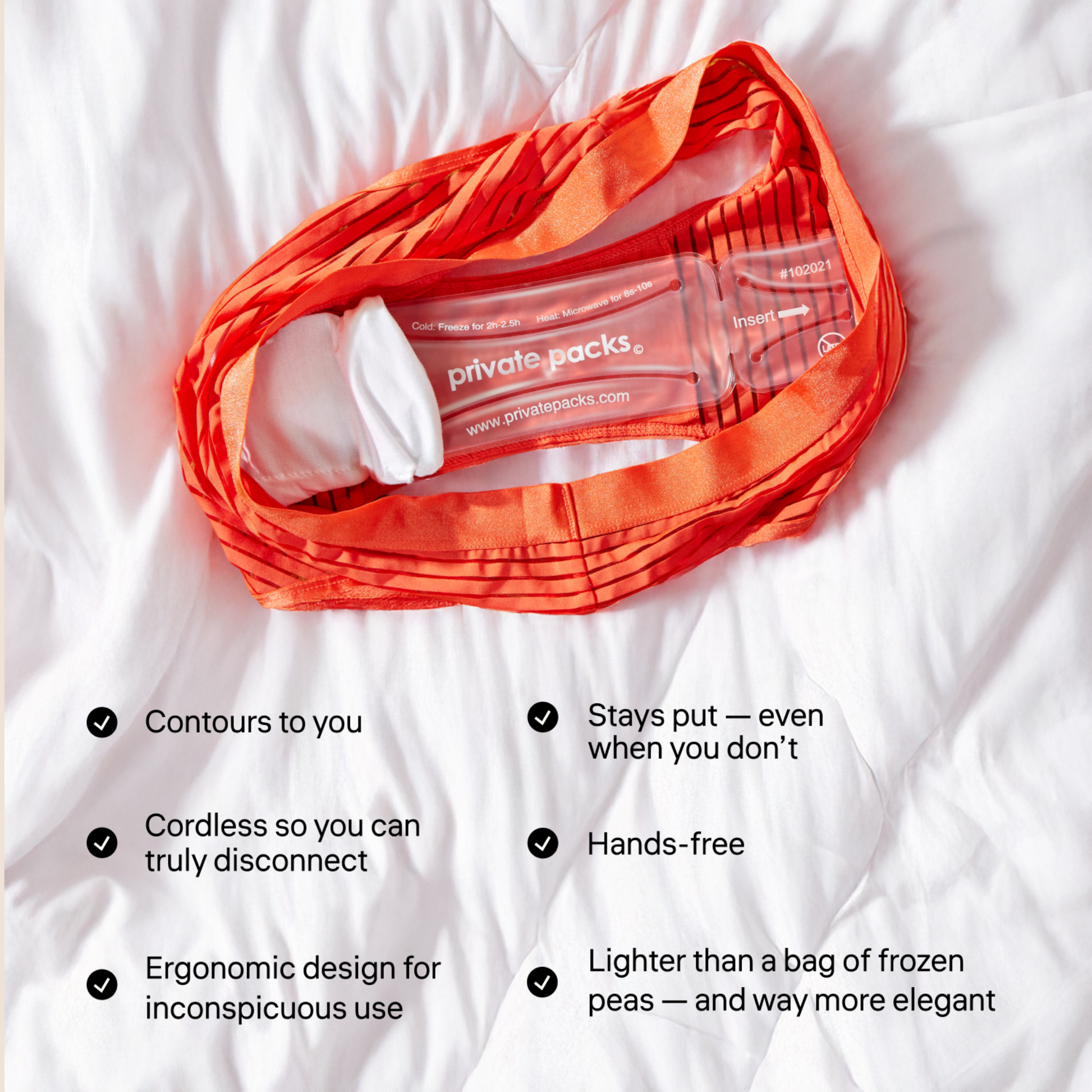 Private Packs gel pack inside underwear, showing ergonomic design, discreet fit, and hands-free comfort.