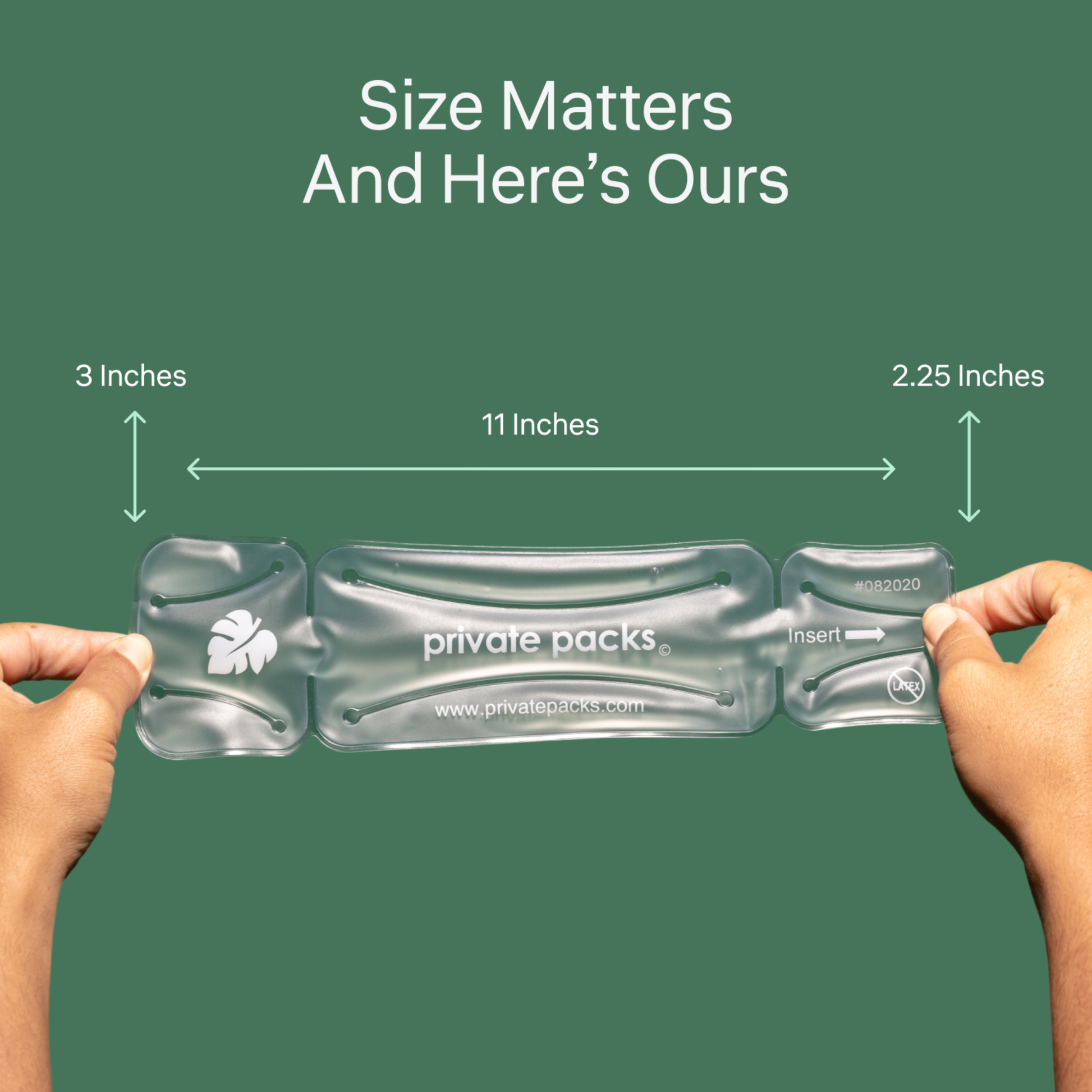 Private Packs hot and cold vulva pad shown with size dimensions: 11 inches long, 3 inches wide at center, 2.25 inches wide at ends.